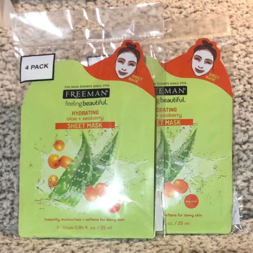 Freeman Hydrating Aloe and Seaberry Sheet Mask Set of 2 (4 Packs) 8 Total